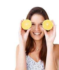 Image showing Happy woman, portrait and orange fruits in studio for detox, vegan diet and natural skincare on mockup white background. Model, citrus food and healthy nutrition for sustainable benefits of vitamin c