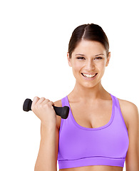Image showing Woman, portrait and happy with dumbbells in studio for exercise, workout or training for fitness. Athlete, person and face with smile or mock up for physical activity and wellness on white background