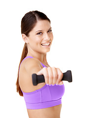 Image showing Dumbbell, exercise and portrait of woman in workout for fitness, health and wellness in white background. Studio, mockup and girl weightlifting in strong bodybuilder, challenge or training for arms