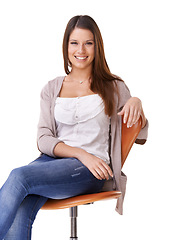 Image showing Woman, portrait and smile in studio on chair for fashion confidence, mockup space on white background. Female person, model and face happy for good mood in trendy style for relax, calm in clothes