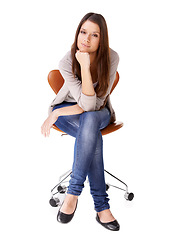 Image showing Woman, portrait and chair in studio or thinking confident on white background, mockup space or wondering. Female person, face and thoughts on seat future goals decision or idea, planning or ambition