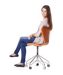 Image showing Woman, chair and smile in portrait, relaxing and confidence in studio, fashion and white background. Female person, face and pride for stylish clothing, casual trend and natural beauty in mockup