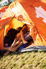 Image showing Couple, feet or happy in tent in nature, camping or romantic love for weekend vacation in forest. Man, woman and legs together for marriage bonding in countryside, relax and travel in woods in summer
