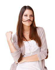 Image showing Funny, portrait and woman with hair as a mustache in studio, white background or model with confidence. Person, pouting and posing with hairstyle, beauty or silly girl with crazy expression or face