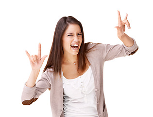 Image showing Rock, music and portrait of woman with sign for metal, culture or freedom in studio white background. Crazy, girl and excited fan at concert and gesture with hands for devil, horns or punk rocker