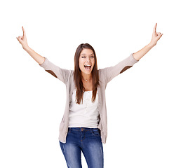 Image showing Woman, hands and cheers celebration in studio for achievement, winner for wow discount. Female person, model and scream victory on white background as mockup space happy for award, bonus or omg deal