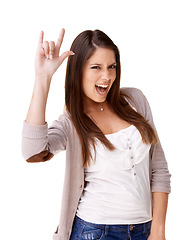 Image showing Rock, music and portrait of woman with sign for metal, culture or freedom in studio white background. Crazy, girl and excited fan with icon or gesture with hands for devil, horns or punk rocker