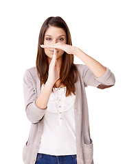 Image showing Woman, portrait and hands in timeout, wait or pause against a white studio background. Casual young female person or model showing sign language, gesture or stop for break, halt or no on mockup space