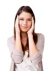 Image showing Portrait, fashion and confident with a young woman in studio isolated on a white background for style. Smile, clothes and casual with a happy gen z model in a trendy or relaxed clothing outfit