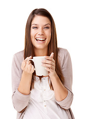 Image showing Woman, drinking coffee and smile in portrait, relaxing and happy in studio, laugh and white background. Female person, hot tea and matcha for detox, funny joke and comedy for health, fun and espresso