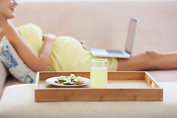 Image showing Pregnant woman, food or laptop on sofa with healthy, nutrition or wellness for lunch or snack in living room. Person, meal or brunch and technology on couch for remote work, relax or internet at home