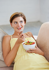 Image showing Pregnant woman, salad and happy on sofa for health, nutrition and wellness in living room of apartment. Person, vegetables or smile on couch of lounge for relax, pregnancy and healthy diet with fiber