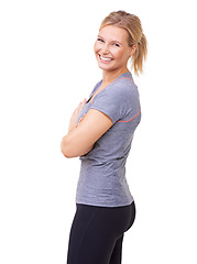 Image showing Portrait, woman or laughing for fitness, studio or positive with exercise wellness in gym clothes. Person, glow face and smile with commitment to healthy body, training and relax by white background