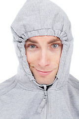 Image showing Portrait, smile and a young man in a hoodie, isolated on a white background in studio for fitness or wellness. Face, training and workout with a happy athlete looking confident in sports clothes