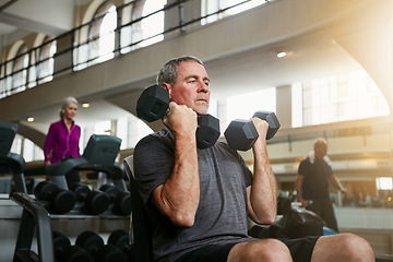 Image showing Gym, fitness and senior man with dumbbells for weightlifting, challenge or cardio workout, training or bodybuilding. Biceps, arms and elderly person with hand weight for strength, mindset or exercise