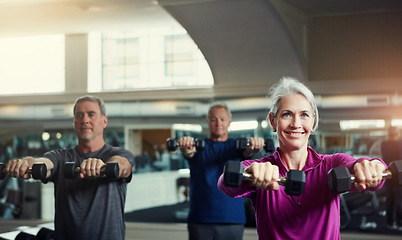 Image showing Senior fitness club, dumbbells and people at gym for training, health and wellness, sport or exercise. Class, workout and elderly group of friends at a studio for hand weight, cardio or weightlifting