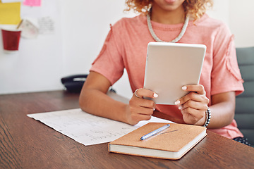 Image showing Hands, notebook or designer with tablet for research, technology or analysis online on website. News, email or closeup of woman working on iot or digital update on internet or app in startup office