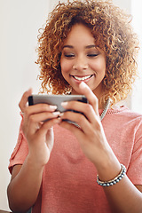 Image showing Mobile games, relax or happy woman on break playing online gaming, subscription or connection. Designer, video gamer or African person with phone app in workplace for streaming multimedia with smile