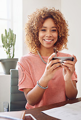 Image showing Mobile games, portrait or happy woman in office playing online gaming, subscription to relax. Smile, video gamer or African worker with phone app on break in workplace for streaming fun multimedia