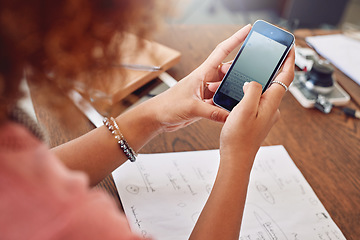 Image showing Typing, hands or designer with phone for social media, technology or networking online on website. Research, communication screen or lady in office texting on blog for update on mobile app, ux or iot