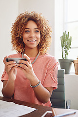 Image showing Mobile games, thinking or happy woman in office playing online gaming, subscription to relax. Smile, video gamer or African worker with phone app on break in workplace for streaming fun multimedia