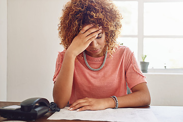 Image showing Headache, paperwork or woman in office for administration, documents report or project deadline. Migraine pain, stress or frustrated secretary at desk working on research, agenda or human resources