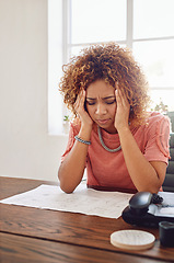 Image showing Headache, paperwork or secretary with administration stress, documents report or project deadline. Migraine pain, mistake or frustrated woman at desk working on research, agenda or human resources