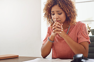 Image showing Office, woman or worker praying for career, job or work opportunity in workplace for God or hope. Sad, fail or employee frustrated with admin stress, worry or anxiety for mistake, help or support