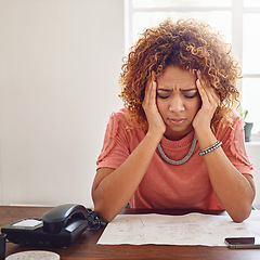 Image showing Headache, documents or secretary with administration burnout, paperwork report or project deadline. Migraine pain, stress or frustrated woman at desk with research, agenda or human resources failure