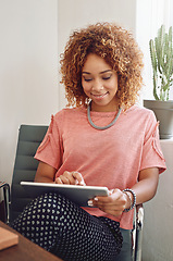 Image showing Online, happy woman or designer with tablet for networking, technology or typing on social media. Smile, office or worker on internet blog for web design update or research on app or iot in agency