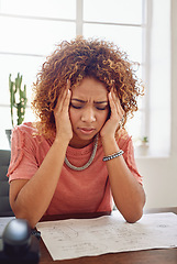 Image showing Headache, documents or secretary with administration stress, paperwork report or project deadline. Migraine pain, mistake or frustrated woman at desk working on research, agenda or human resources