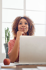 Image showing Woman thinking, web design student or laptop for research, technology or internet in office. Network, intern or African lady working on computer, website or PC for planning online ideas or vision