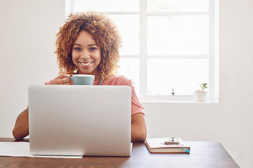Image showing Coffee, portrait or happy woman with laptop for research, technology or stats analysis on website. Remote work, typing or female worker in home office drinking tea, working on update or reading news