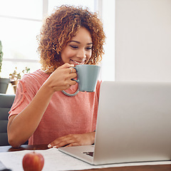 Image showing Tea, happy woman or designer with laptop for research, technology or stats analysis on website. Data analytics, typing or female person in office drinking coffee, working on update or reading news