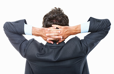 Image showing Hands, head and back of businessman relax in studio to finish work, project and productivity. Corporate, worker and isolated person resting for break on white background for calm, peace and tired