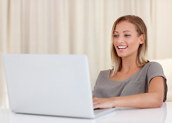 Image showing Woman, laptop and happy for remote work from home, ideas and thinking with freelance copywriting job. Girl, computer and entrepreneur with planning, schedule and brainstorming with reading in house