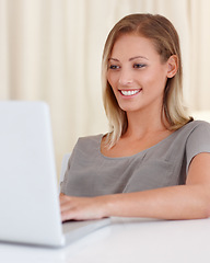 Image showing Woman, laptop and remote work from home with smile, ideas and thinking for freelance copywriting job. Girl, computer and entrepreneur with planning, schedule or brainstorming with reading in house