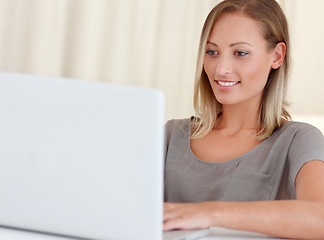 Image showing Girl, laptop and happy for remote work from home, scroll and thinking with freelance copywriting job. Woman, computer and entrepreneur with planning, schedule and brainstorming with reading in house