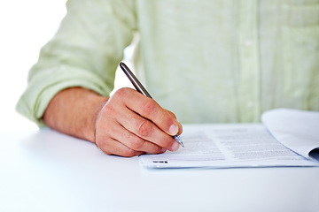 Image showing Writing, hands and business with man, contract and professional with information, paperwork and signing. Person, employee and consultant with documents, office and agreement with b2b deal and closeup