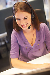 Image showing Call center, computer and happy business woman reading telemarketing report, telecom info or tech support review. Help desk customer care, ecommerce data and agent smile for online advisory feedback