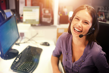 Image showing Call center portrait, happiness and business woman for startup telemarketing, e commerce or tech support. Help desk customer care, lens flare and laughing communication consultant for lead generation