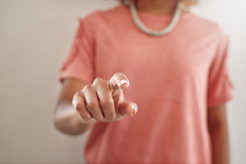 Image showing Woman, invisible or finger to press in ui system or login to internet access network or digital future. Dashboard, hand or click gesture on virtual innovation, ux technology or cyber touch screen