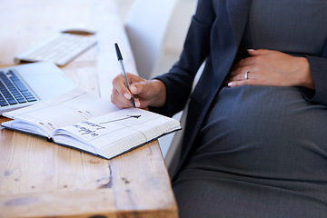 Image showing Businesswoman, pregnant and date for maternity closeup .for work break, waiting for motherhood. Female person, stomach and notebook as professional employee for career relax, appointment for care