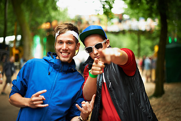 Image showing Outdoor festival, portrait and happy friends, men or funky people for fun bonding, nature party rave or social gathering. Forest music concert, trendy fashion and guys at woods entertainment event