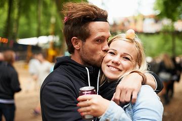 Image showing Happy couple, kiss and outdoor festival for love, care or support at party, DJ event or music. Portrait of man hug woman with smile in embrace, affection or trust for festive or summer celebration