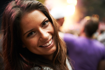Image showing Happy woman, portrait and face at music festival night for party, event or DJ concert in nature. Closeup of female person smile in crowd or audience at carnival, performance or summer fest outside