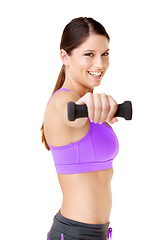 Image showing Portrait, happy woman and dumbbell for fitness in studio with mock up on white background in Germany. Female person, athlete and equipment for weight, strength or power training in space with smile