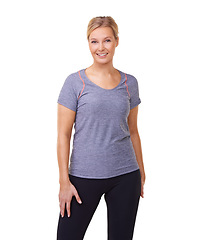 Image showing Woman, portrait and happy in studio for fitness, wellness and healthy body with training and exercise. Person, face and smile with confidence, sportswear and pride for workout on white background