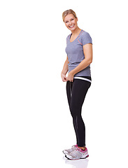 Image showing Fitness, measuring tape and portrait of happy woman with smile, workout and wellness with healthy body in studio. Health, exercise and girl with weight loss measurement isolated on white background.