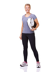 Image showing Exercise, scale and portrait of woman with smile, workout and wellness with healthy pride in studio. Health, fitness and body of happy girl with weight loss measurement isolated on white background.